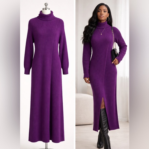Dresses & Skirts - Purple Ribbed Turtleneck Maxi Sweater Dress